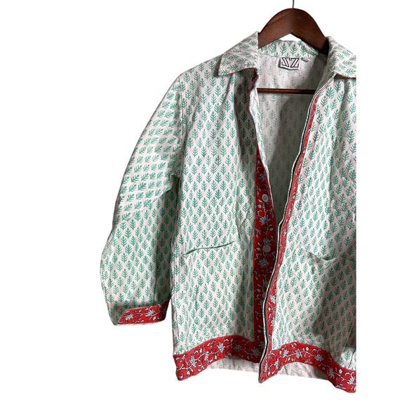 SZ Blockprints Cotton Jacket Green Leaf Red Floral Trim Hand Block Womans OS - Picture 7 of 11